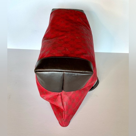 Gucci Red GG Canvas Tote Bag with Brown Leather Trim Corners Shopper Authentic - Picture 9 of 16